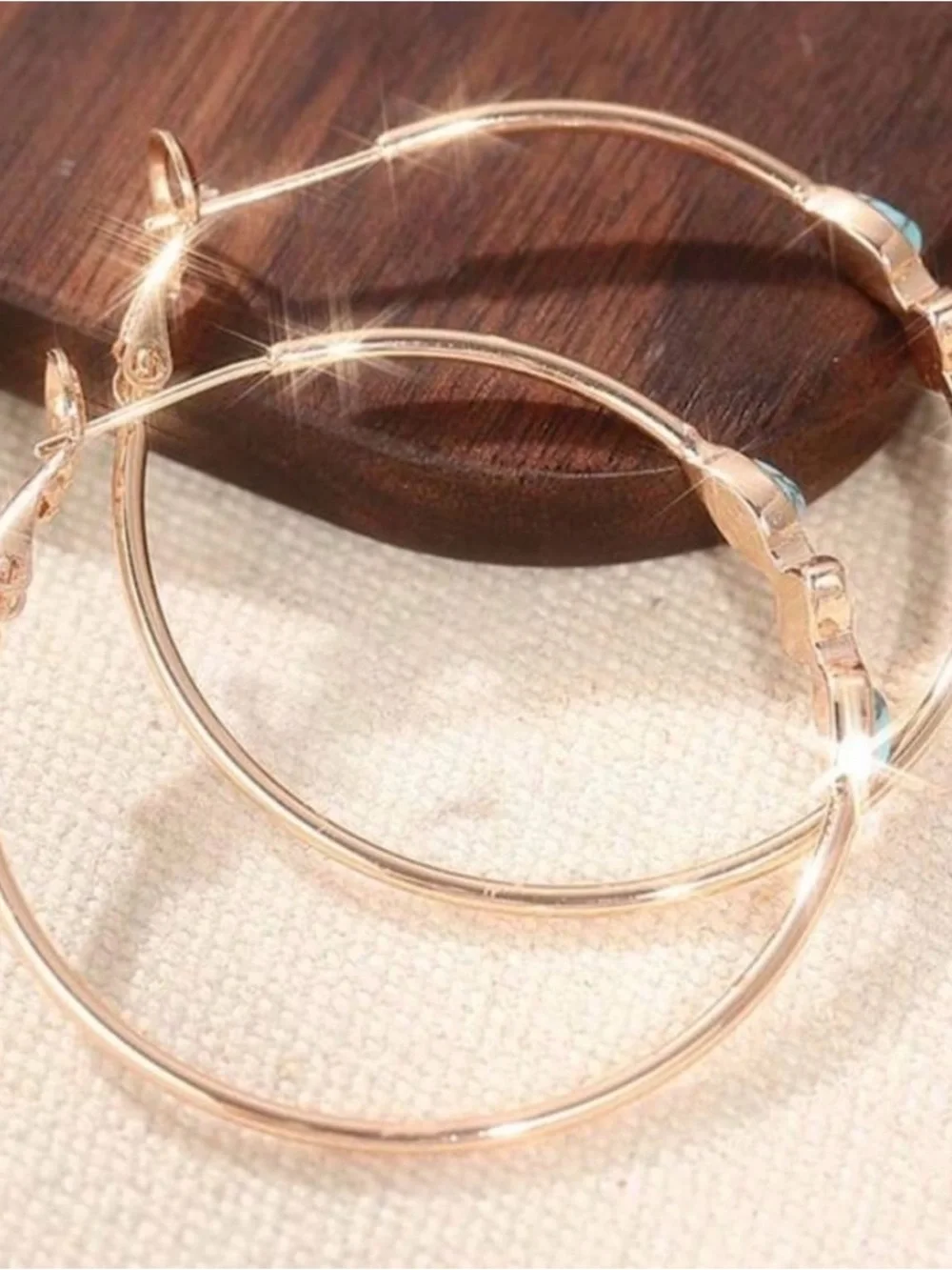 Gold Hoop Earrings with Turquoise and Peach Stone Accents